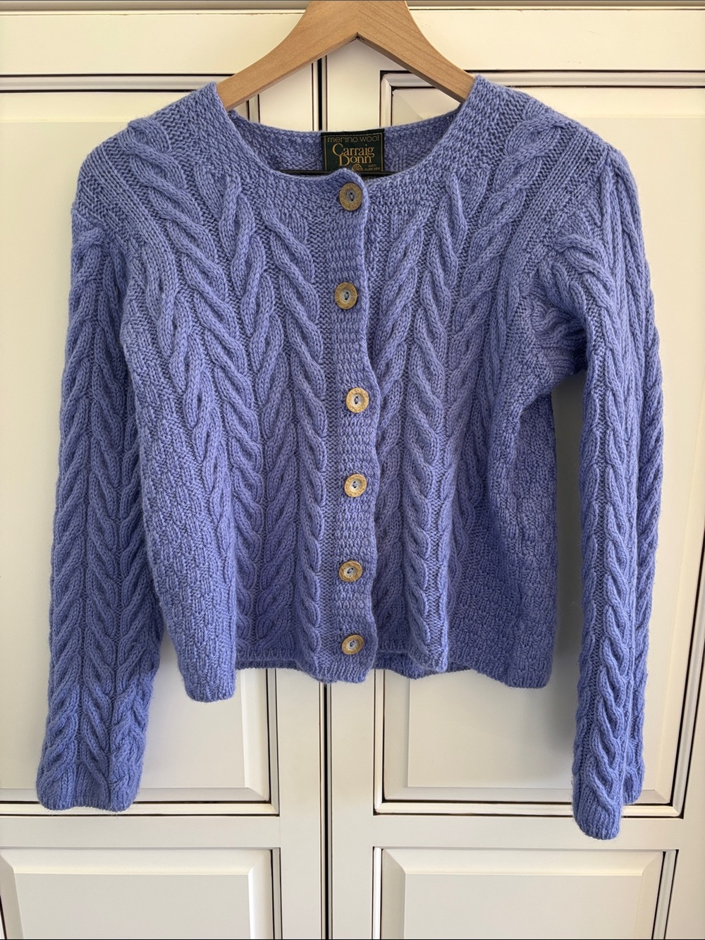Carraig Donn Merino Wool Ireland Fisherman Cable Knit Cardigan Sweater Womens M